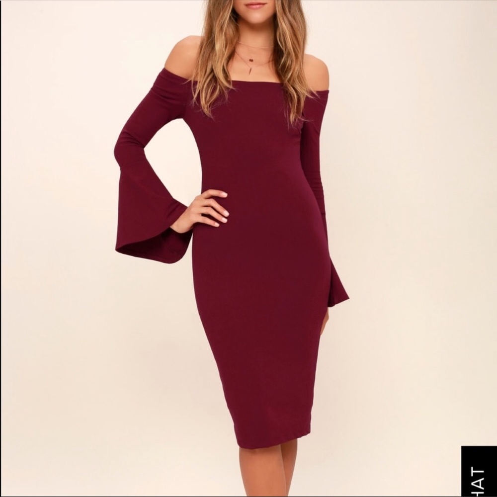 Lulu’s Burgundy Bell Sleeve midi Sheath Dress